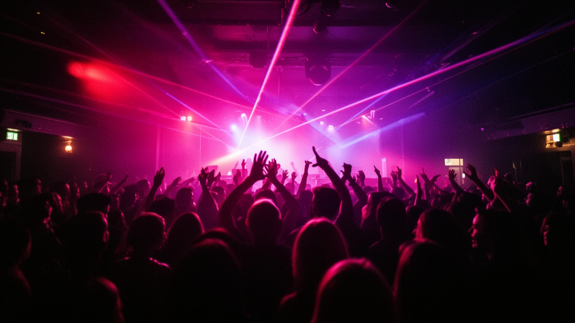 London nightclub crowd under magenta laser lights